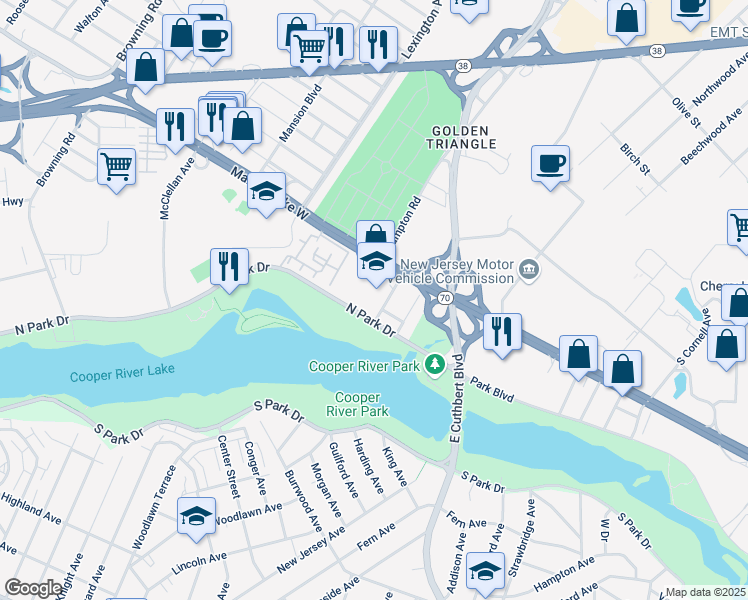 map of restaurants, bars, coffee shops, grocery stores, and more near 2375 New Jersey 70 in Cherry Hill