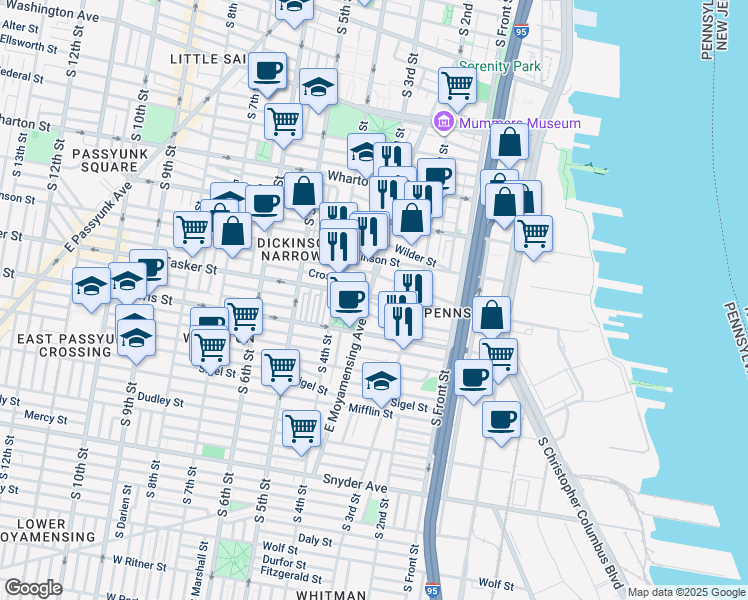 map of restaurants, bars, coffee shops, grocery stores, and more near 1601 East Moyamensing Avenue in Philadelphia