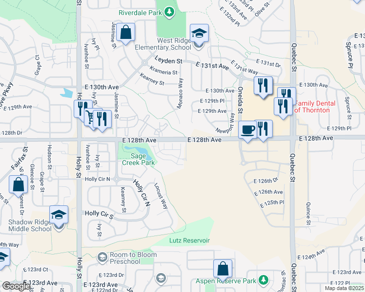 map of restaurants, bars, coffee shops, grocery stores, and more near 12714 Leyden Street in Thornton
