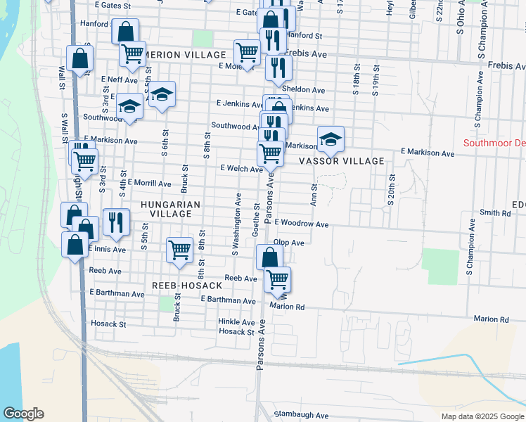 map of restaurants, bars, coffee shops, grocery stores, and more near 1699 Parsons Avenue in Columbus
