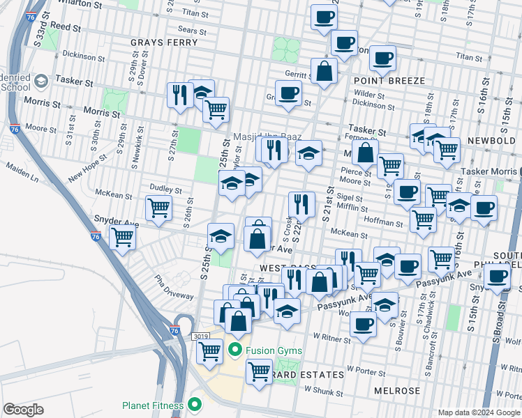 map of restaurants, bars, coffee shops, grocery stores, and more near 1936 South Bonsall Street in Philadelphia