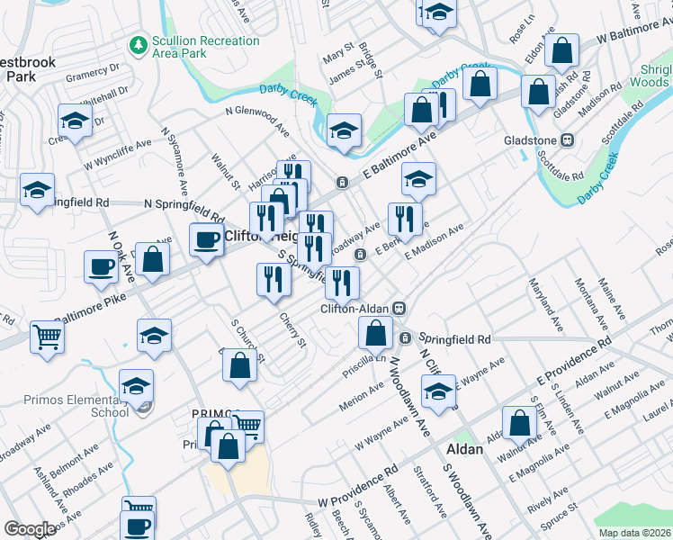 map of restaurants, bars, coffee shops, grocery stores, and more near in Clifton Heights
