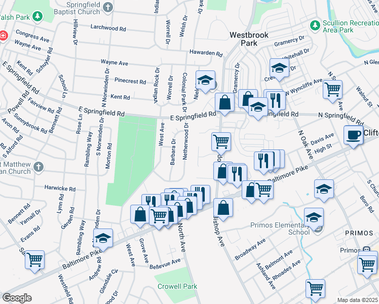 map of restaurants, bars, coffee shops, grocery stores, and more near 51 Netherwood Drive in Springfield