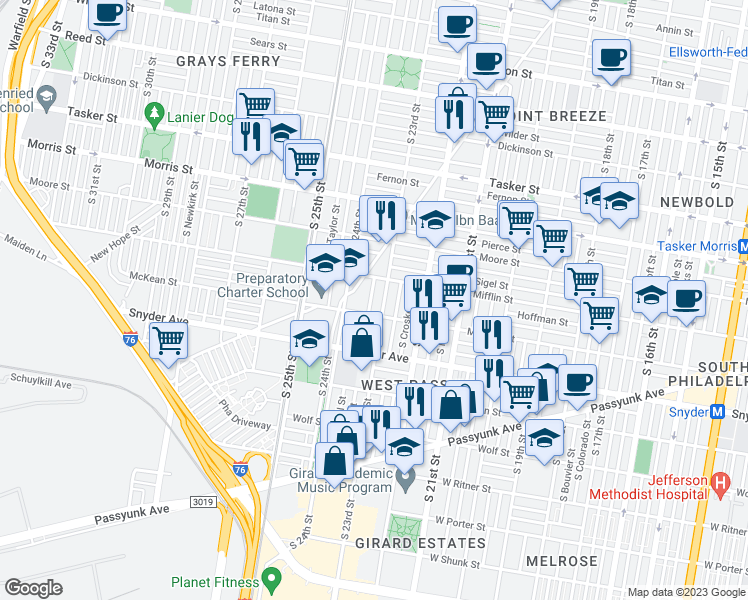 map of restaurants, bars, coffee shops, grocery stores, and more near 1935 South Bonsall Street in Philadelphia