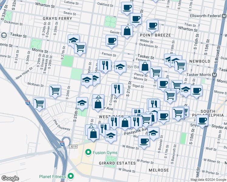 map of restaurants, bars, coffee shops, grocery stores, and more near 1923 South Croskey Street in Philadelphia
