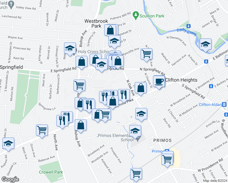map of restaurants, bars, coffee shops, grocery stores, and more near 507 Davis Avenue in Clifton Heights