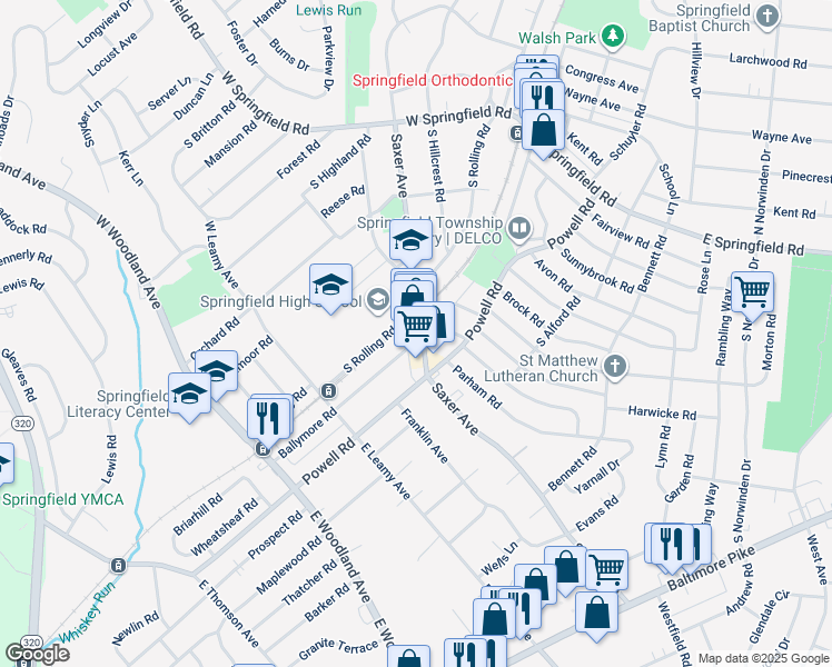 map of restaurants, bars, coffee shops, grocery stores, and more near 160 Saxer Avenue in Springfield