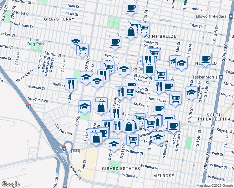 map of restaurants, bars, coffee shops, grocery stores, and more near 1923 South Croskey Street in Philadelphia