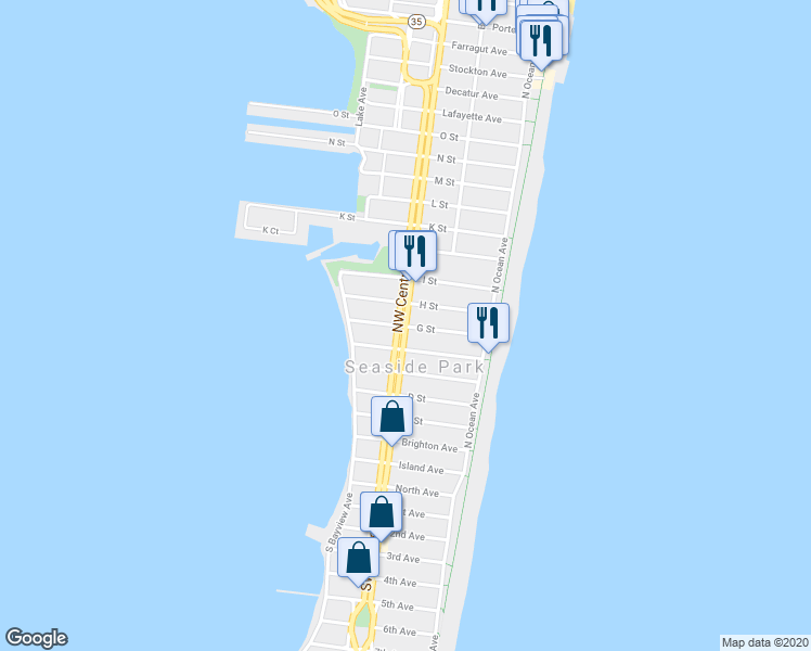 map of restaurants, bars, coffee shops, grocery stores, and more near 93 G Street in Seaside Park