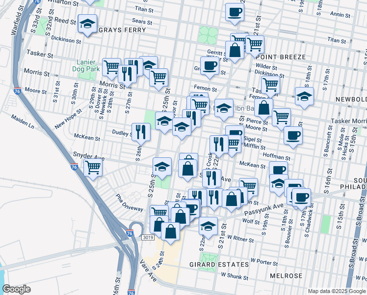 map of restaurants, bars, coffee shops, grocery stores, and more near 1916 South 24th Street in Philadelphia