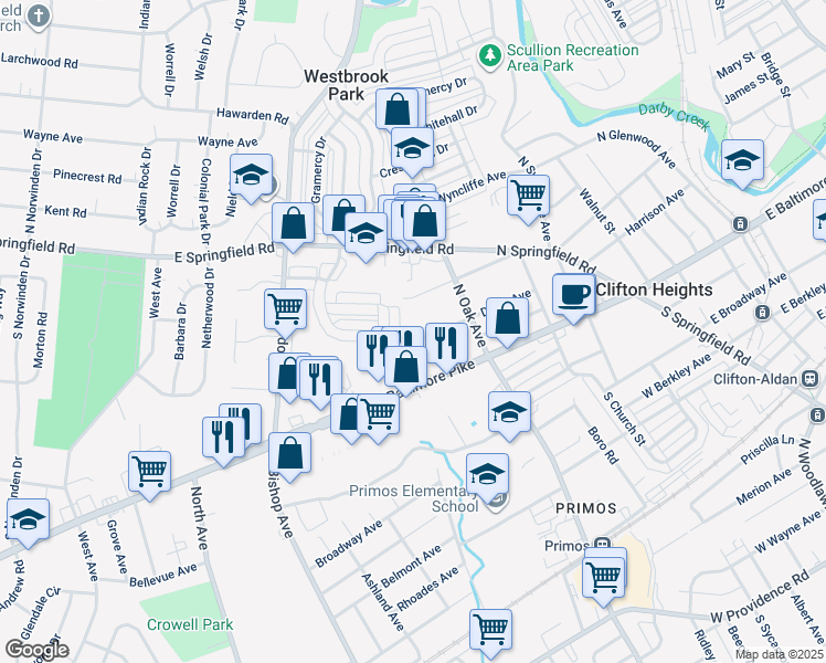 map of restaurants, bars, coffee shops, grocery stores, and more near 507 Davis Avenue in Clifton Heights