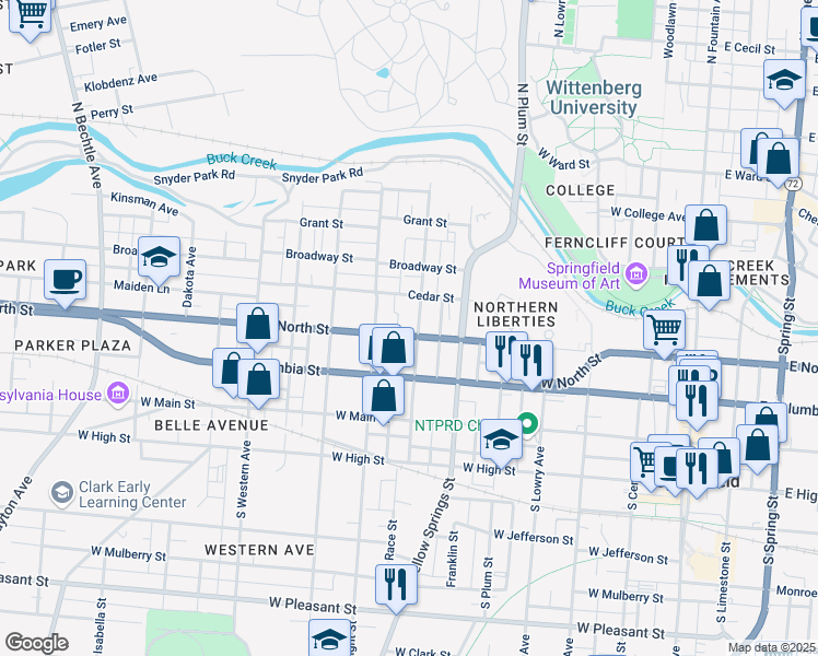 map of restaurants, bars, coffee shops, grocery stores, and more near 617 Cedar Street in Springfield