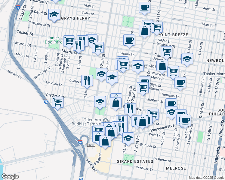 map of restaurants, bars, coffee shops, grocery stores, and more near 1916 South 24th Street in Philadelphia