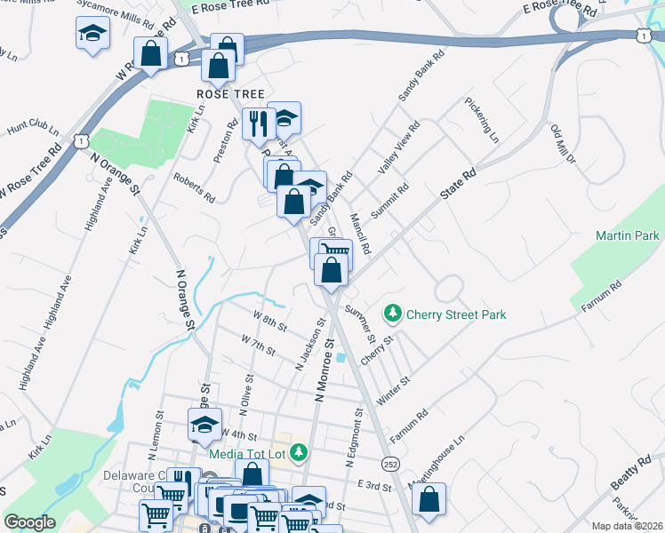 map of restaurants, bars, coffee shops, grocery stores, and more near 30 Greenhill Road in Media