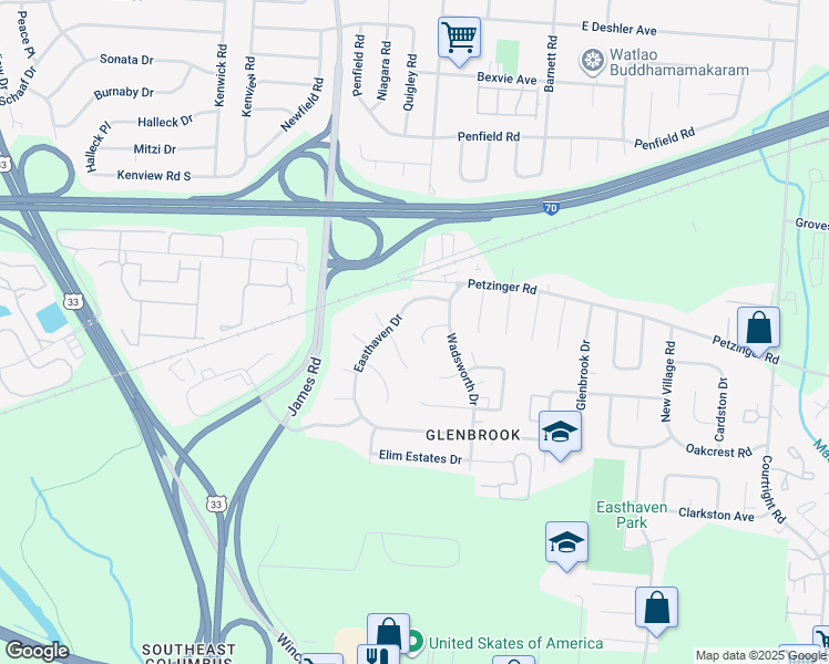 map of restaurants, bars, coffee shops, grocery stores, and more near 2082 Easthaven Drive in Columbus