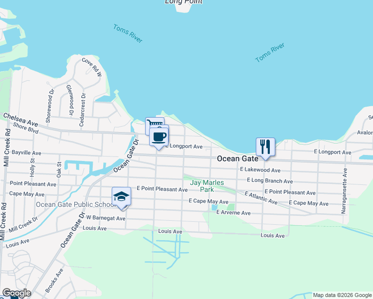map of restaurants, bars, coffee shops, grocery stores, and more near 111 East Longport Avenue in Ocean Gate