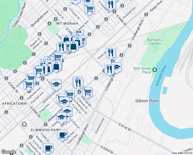 map of restaurants, bars, coffee shops, grocery stores, and more near Elmwood Ave & S 59th St in Philadelphia