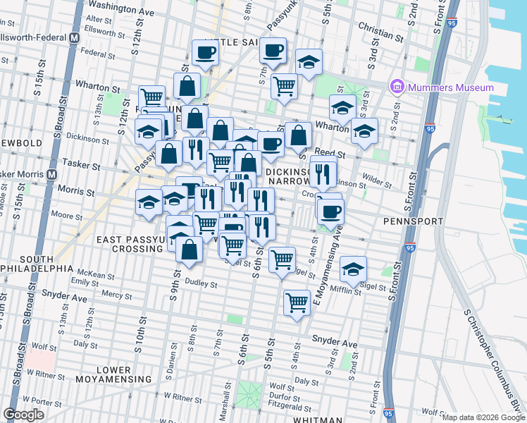 map of restaurants, bars, coffee shops, grocery stores, and more near 619 Fernon Street in Philadelphia
