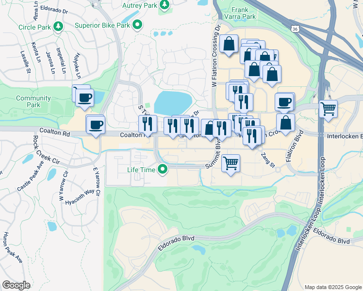 map of restaurants, bars, coffee shops, grocery stores, and more near 2580 Coalton Road in Superior