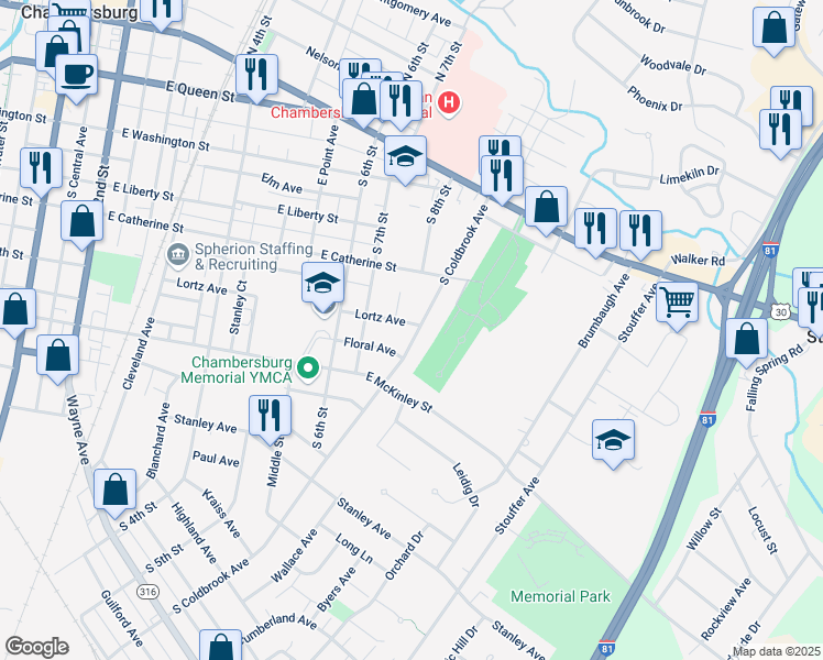 map of restaurants, bars, coffee shops, grocery stores, and more near 401 South Coldbrook Avenue in Chambersburg
