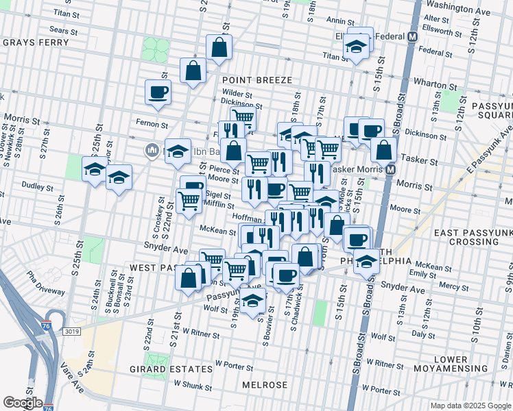 map of restaurants, bars, coffee shops, grocery stores, and more near 1831 South 19th Street in Philadelphia