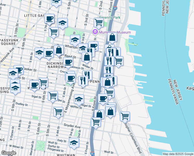 map of restaurants, bars, coffee shops, grocery stores, and more near 119 Greenwich Street in Philadelphia