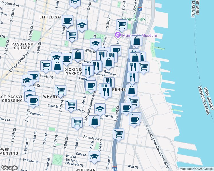 map of restaurants, bars, coffee shops, grocery stores, and more near 211 Tasker Street in Philadelphia