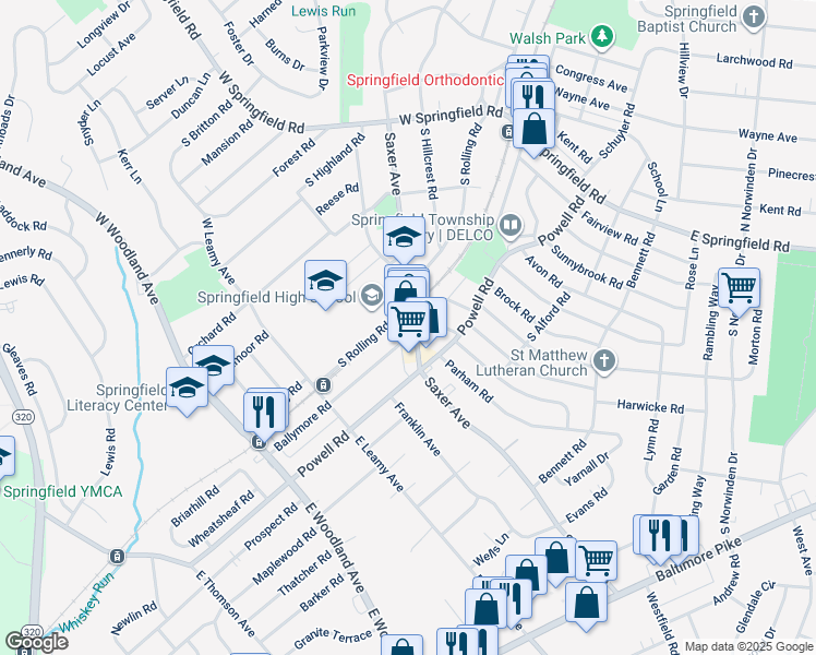 map of restaurants, bars, coffee shops, grocery stores, and more near 160 Saxer Avenue in Springfield