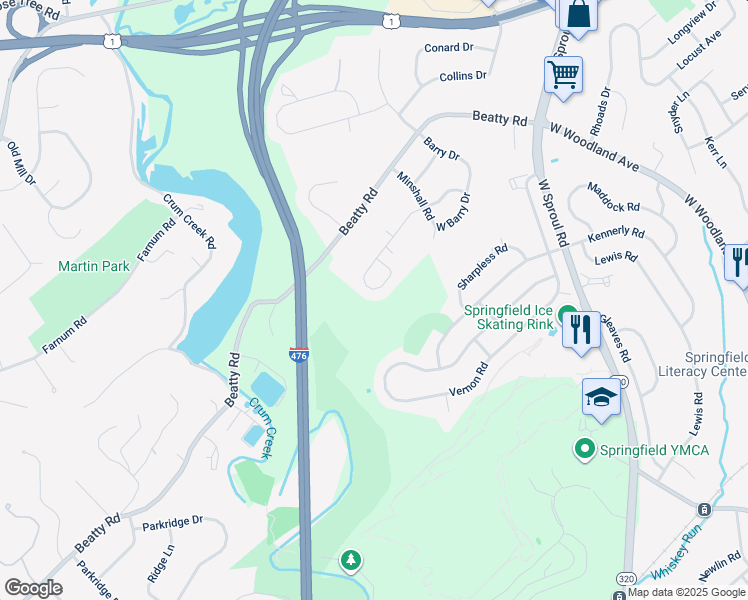 map of restaurants, bars, coffee shops, grocery stores, and more near 676 Old School House Drive in Springfield