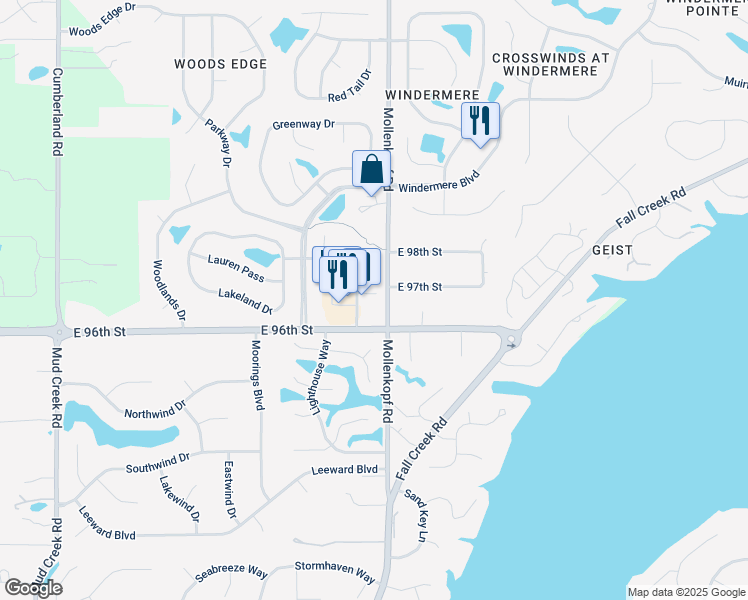 map of restaurants, bars, coffee shops, grocery stores, and more near 10610 East 96th Street in Fishers