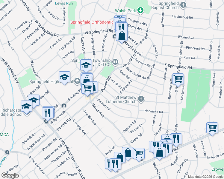 map of restaurants, bars, coffee shops, grocery stores, and more near 221 Lynbrooke Road in Springfield