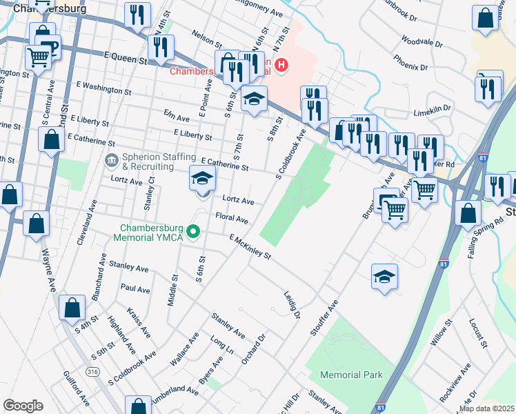map of restaurants, bars, coffee shops, grocery stores, and more near 401 South Coldbrook Avenue in Chambersburg