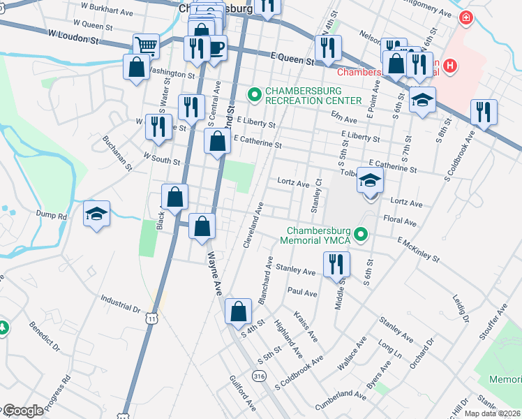 map of restaurants, bars, coffee shops, grocery stores, and more near 558 Cleveland Avenue in Chambersburg