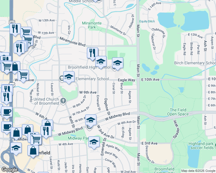 map of restaurants, bars, coffee shops, grocery stores, and more near 940 Daphne Street in Broomfield