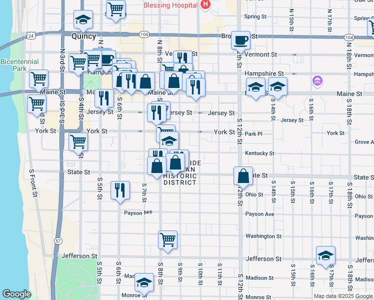 map of restaurants, bars, coffee shops, grocery stores, and more near 911 Kentucky Street in Quincy