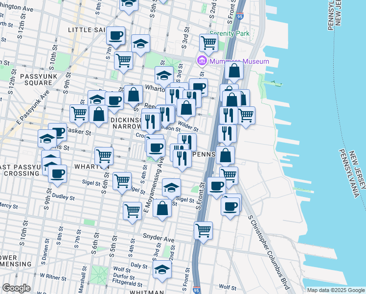 map of restaurants, bars, coffee shops, grocery stores, and more near 211 Tasker Street in Philadelphia