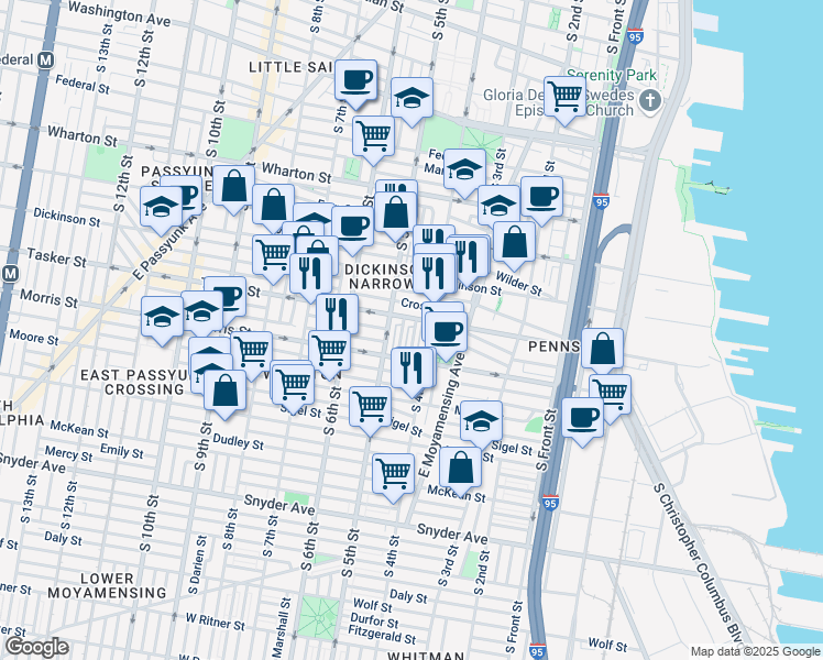 map of restaurants, bars, coffee shops, grocery stores, and more near 1612 South Lawrence Street in Philadelphia