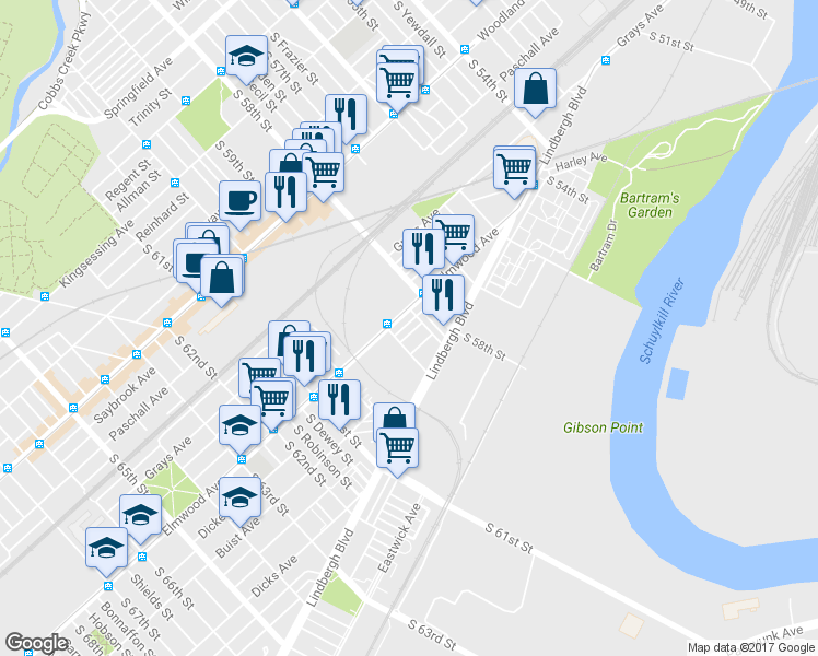 map of restaurants, bars, coffee shops, grocery stores, and more near 5831 Dickens Avenue in Philadelphia