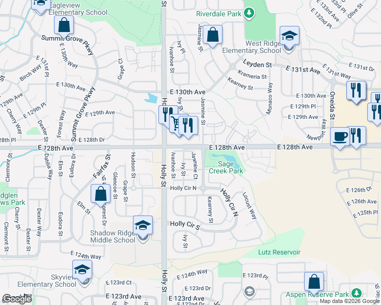 map of restaurants, bars, coffee shops, grocery stores, and more near 5803 East 128th Avenue in Thornton