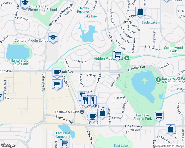 map of restaurants, bars, coffee shops, grocery stores, and more near 12808 Claude Place in Thornton