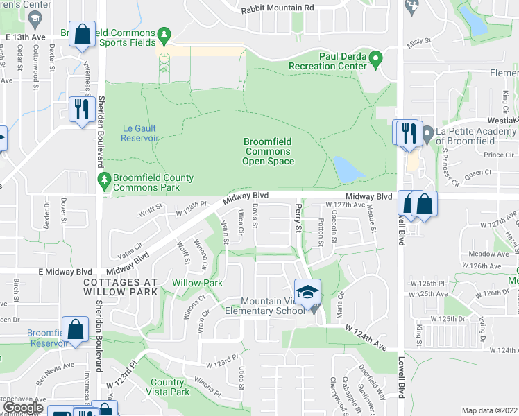 map of restaurants, bars, coffee shops, grocery stores, and more near 12705 Davis Street in Broomfield