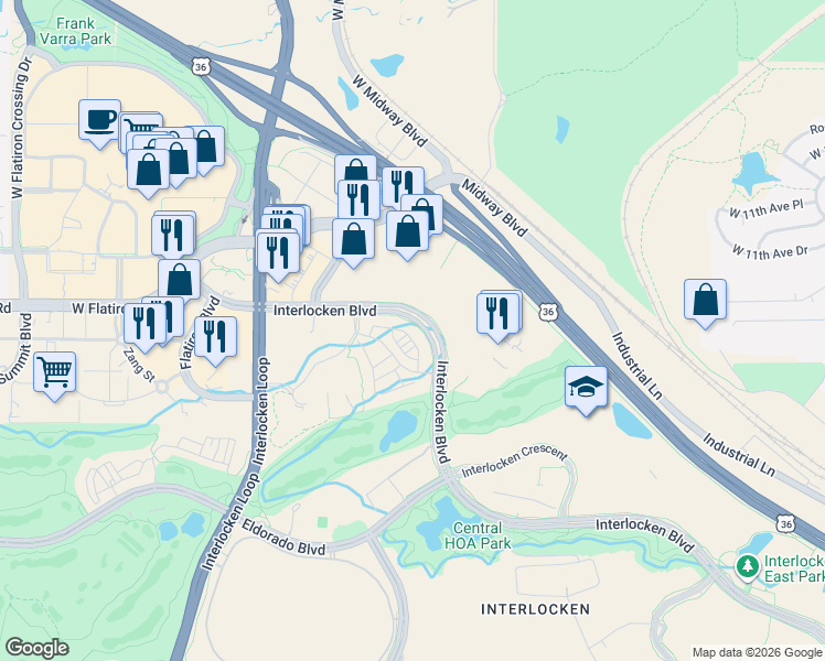 map of restaurants, bars, coffee shops, grocery stores, and more near 586 Interlocken Boulevard in Broomfield