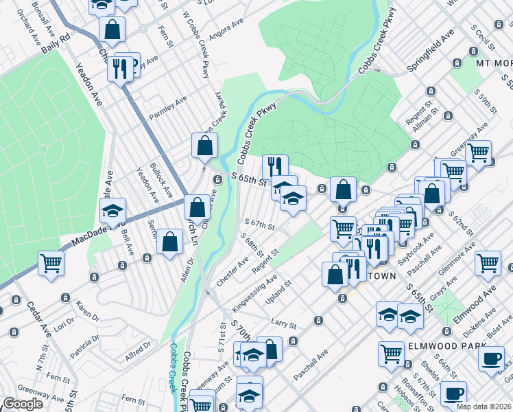 map of restaurants, bars, coffee shops, grocery stores, and more near 6536 Beaumont Street in Philadelphia