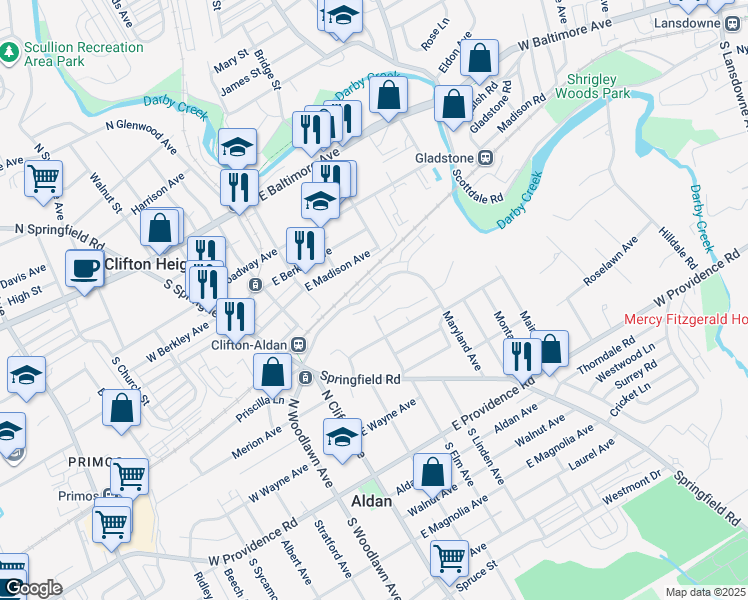 map of restaurants, bars, coffee shops, grocery stores, and more near 138 West Maryland Avenue in Aldan
