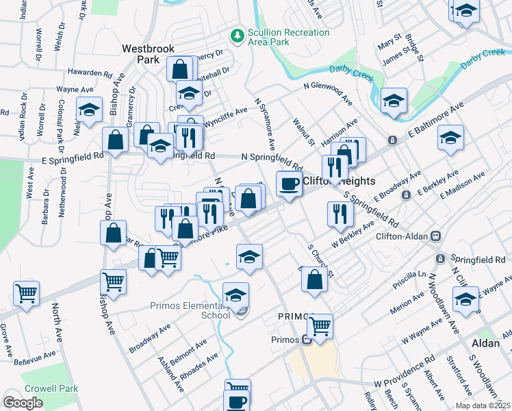 map of restaurants, bars, coffee shops, grocery stores, and more near 234 High Street in Clifton Heights