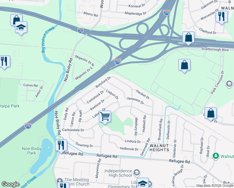 map of restaurants, bars, coffee shops, grocery stores, and more near 2424 Lisbon Drive in Columbus