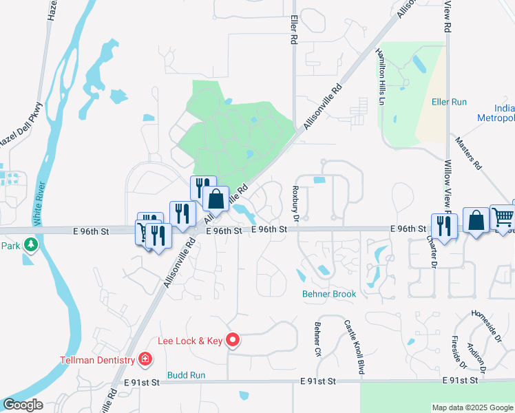 map of restaurants, bars, coffee shops, grocery stores, and more near 5909 Highgate Circle East in Indianapolis