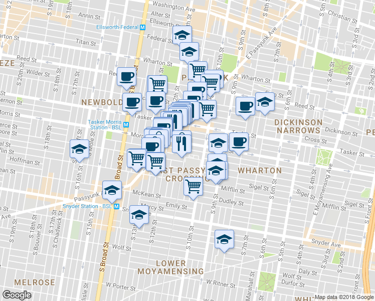 map of restaurants, bars, coffee shops, grocery stores, and more near 1713 South 11th Street in Philadelphia