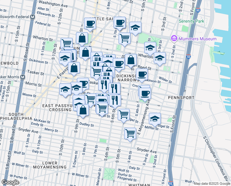map of restaurants, bars, coffee shops, grocery stores, and more near 1624 South 6th Street in Philadelphia