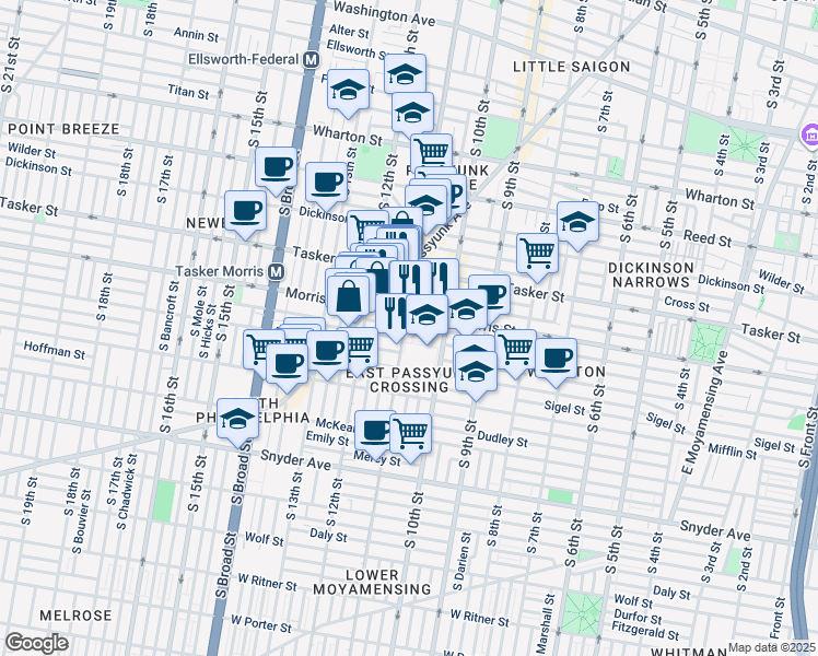 map of restaurants, bars, coffee shops, grocery stores, and more near 1713 South 11th Street in Philadelphia